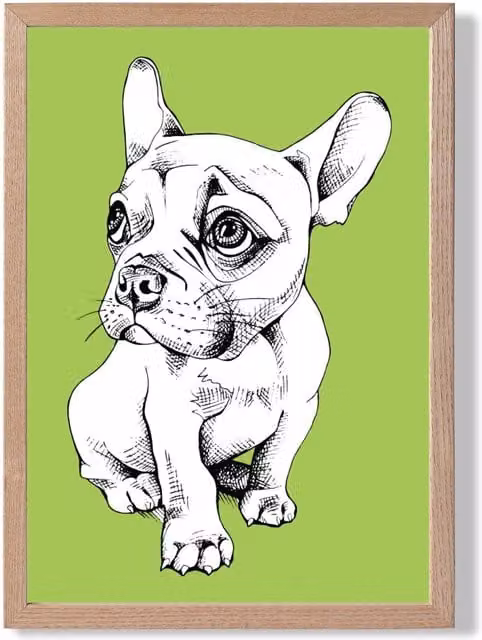 ARTZE Sketch French Bulldog Framed Print on Bright Green, Oak Frame, A3