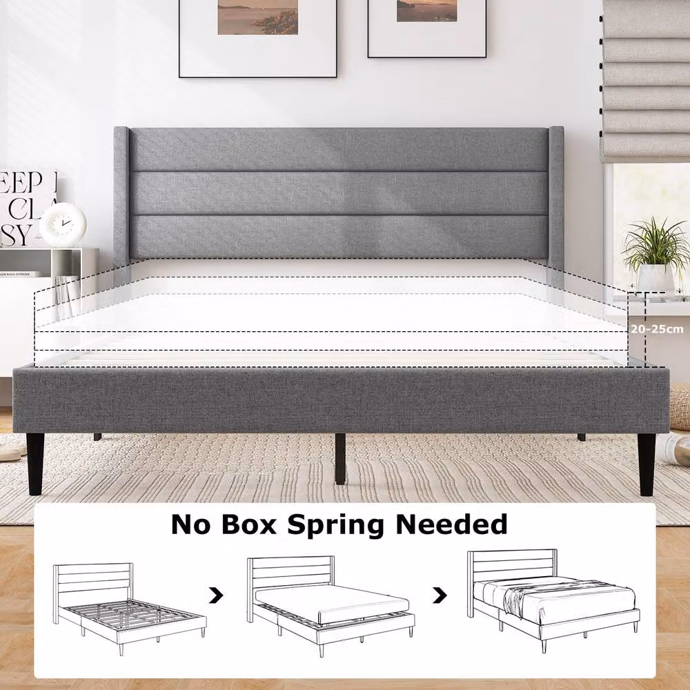 Costway Grey Linen Upholstered Double Bed Frame with Headboard, W/D/H: 140 x 200 cm – 4