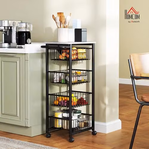 HOMCOM 4-Tier Kitchen Trolley with Marble-Effect Top and Castors, Light Grey, W/D/H: 91 x 49.5 x 31 cm – 2