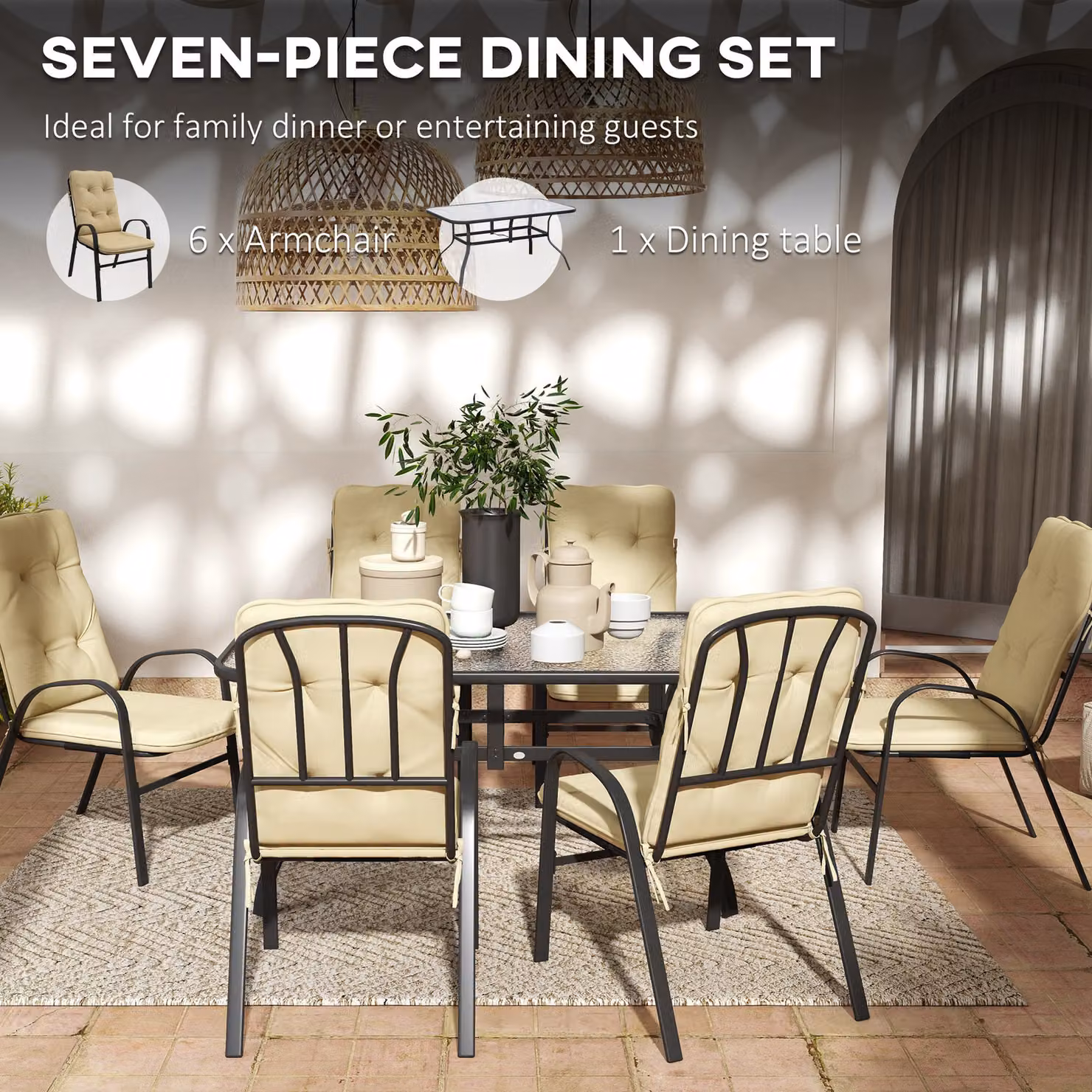 Outsunny 7-Piece Garden Dining Set with Tempered Glass Rectangular Table and 6 Texteline Chairs with Cushions, Beige – 5