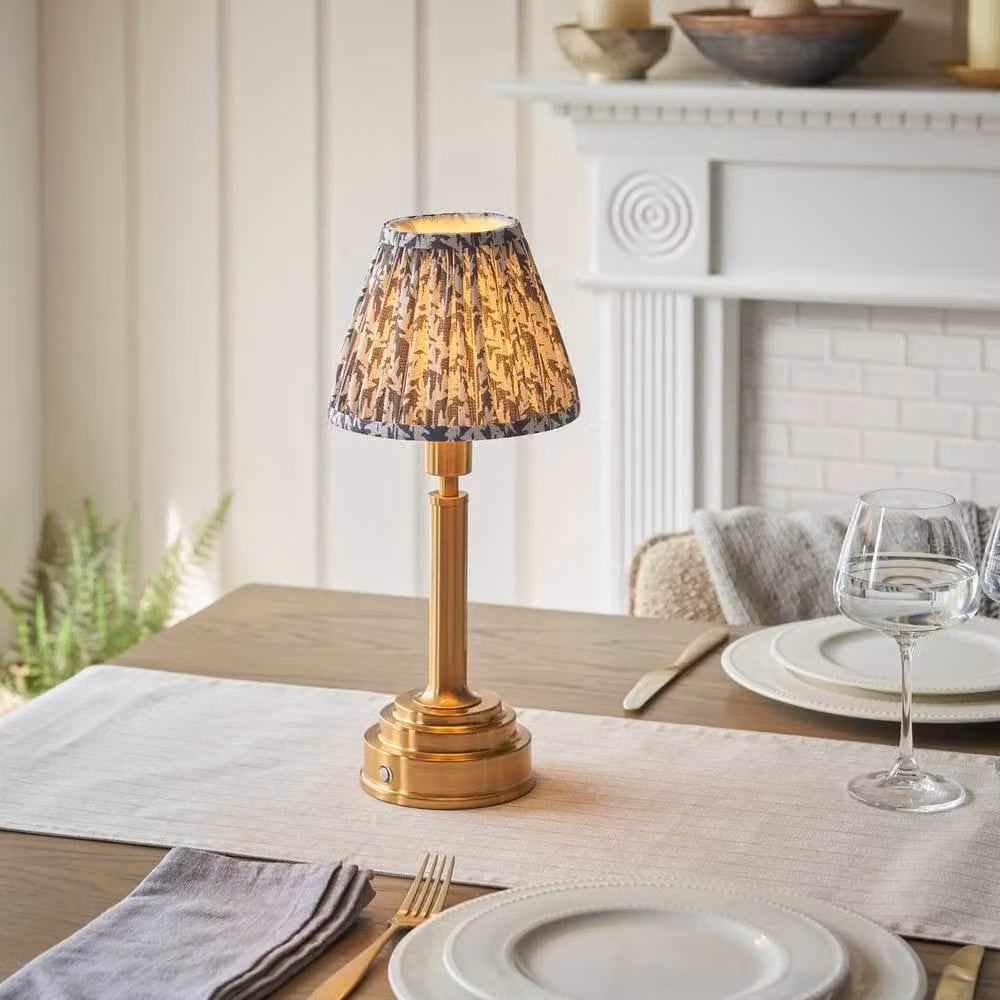 Netlighting Upton Rechargeable LED Table Lamp with Grey Fabric Shade and Gold/Brass Metal Base – 2