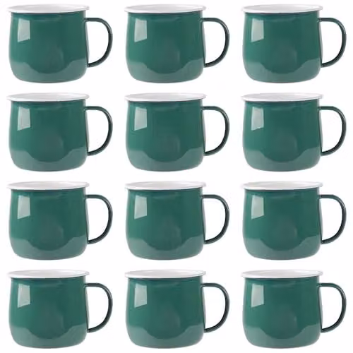 Argon Tableware Enamel Belly Mugs, Green and White, 375ml, Set of 12
