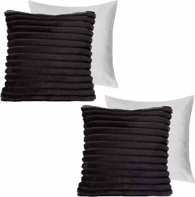 Pack of 2 OHS Black Faux Fur Ribbed Square Filled Cushions with Removable Covers