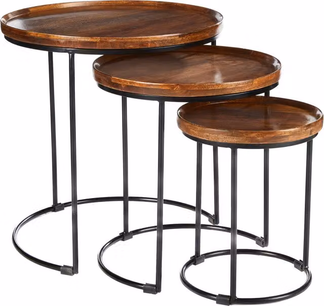 Elm Home And Garden Nest of 3 Round Mango Wood Tables in Brown and Black
