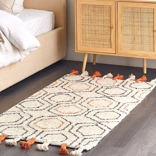 Wyld and Coco Boho Geometric Cotton Rug in Beige and Orange with Fringes, W: 80 cm, L: 150 cm
