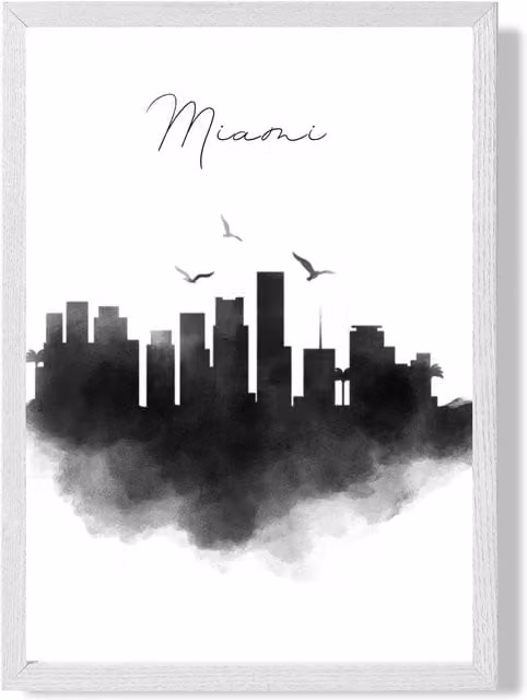 ARTZE Miami Watercolour Skyline City Framed Print in Black and White