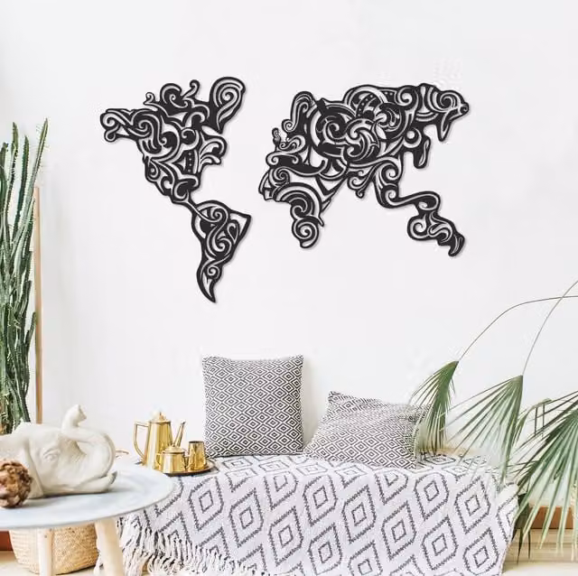 Decortie Abstract World Map Minimalist Metal Wall Art, Black