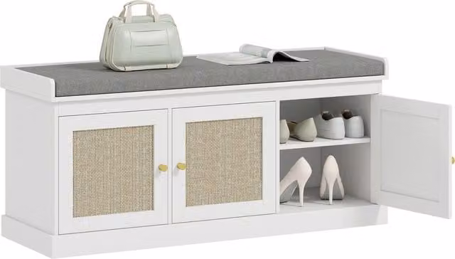 HOMCOM Boho Style Shoe Storage Bench with Rattan Doors in White