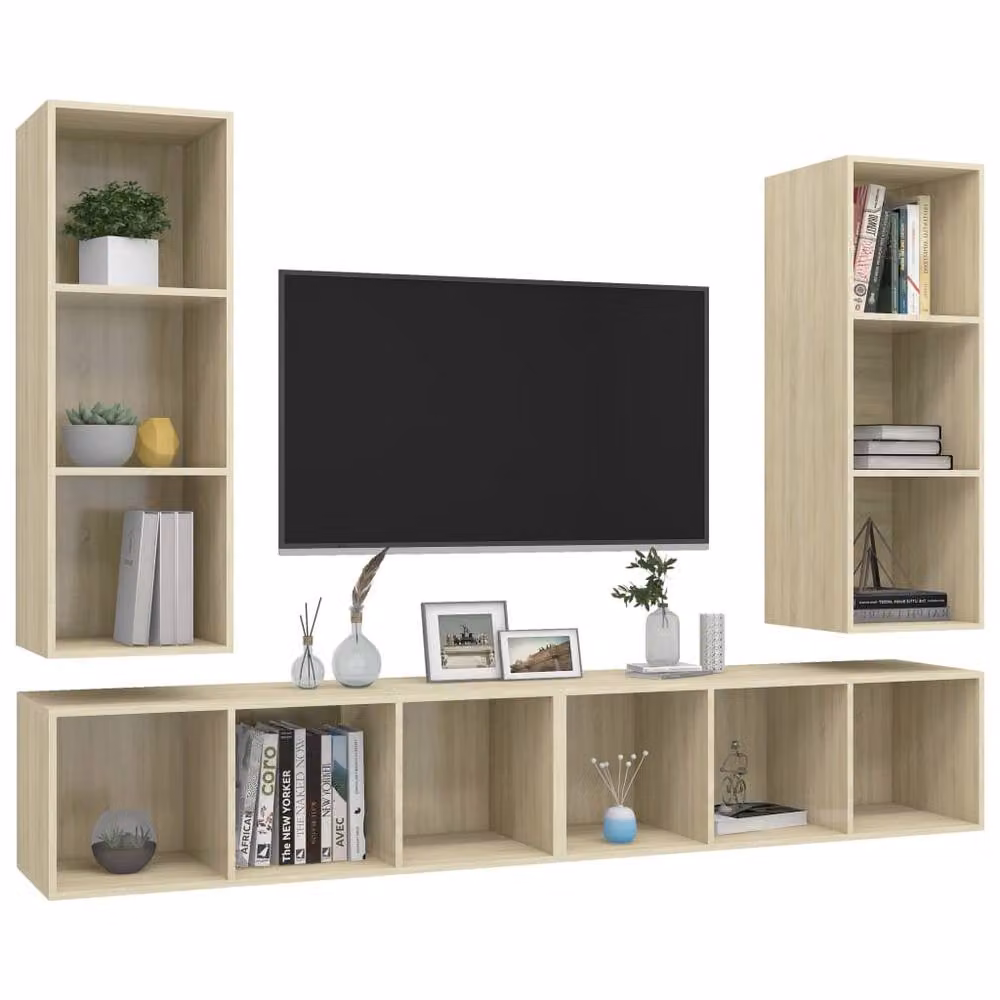Berkfield Home Set of 4 Wall-mounted TV Cabinets in Sonoma Oak and Light Beige – 3