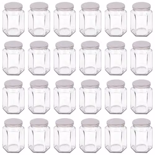 Argon Tableware Set of 24 Hexagonal Glass Jam Jars with Silver Screw Top Lids, 250ml – 1