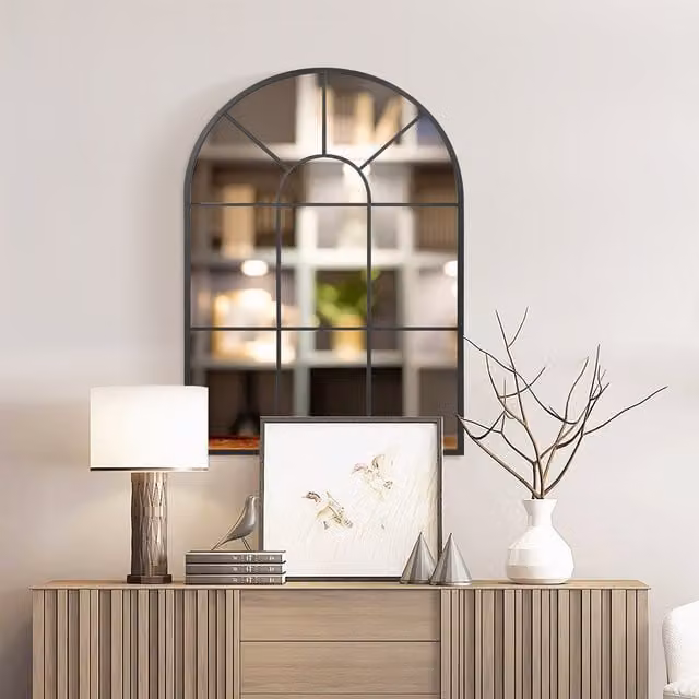 HOMCOM Modern Arched Window Wall Mirror in Black