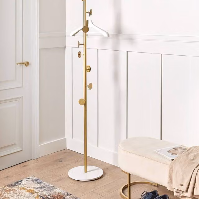 Wyld and Coco Gold Painted Aluminium Coat Stand with Marble Base, Height: 170 cm, Width: 32 cm