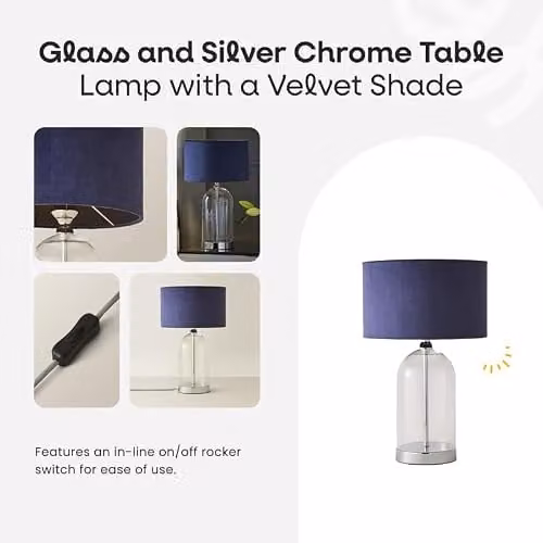 ValueLights Glass and Silver Chrome Table Lamp with Black Velvet Lampshade and Warm White LED Bulb