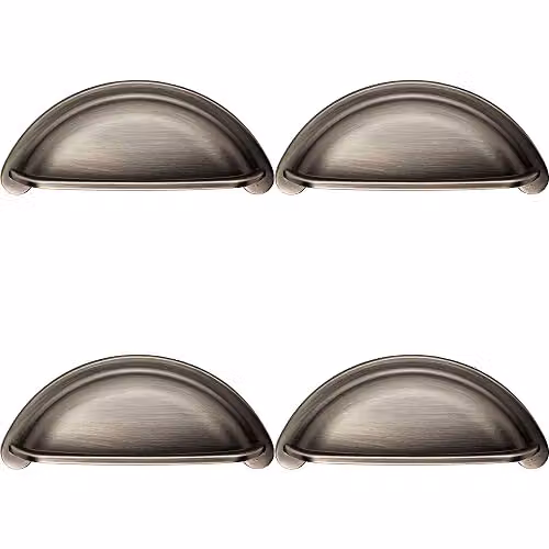 4 Pack Brushed Grey Metal Cabinet Cup Pull Handles, W: 9.4 cm, H: 4.15 cm, Fixing Centres: 7.6 cm