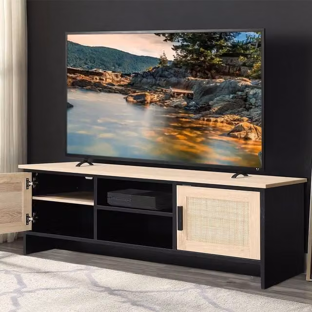 Livingandhome Minimalist Wooden TV Storage Cabinet with Rattan Doors and Cable Management in Black