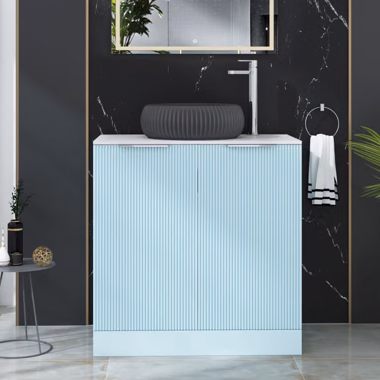 Royal Bathrooms Evora 800mm Powder Blue Fluted Floor Standing 2 Door Vanity Unit with Milan Black Stone Basin