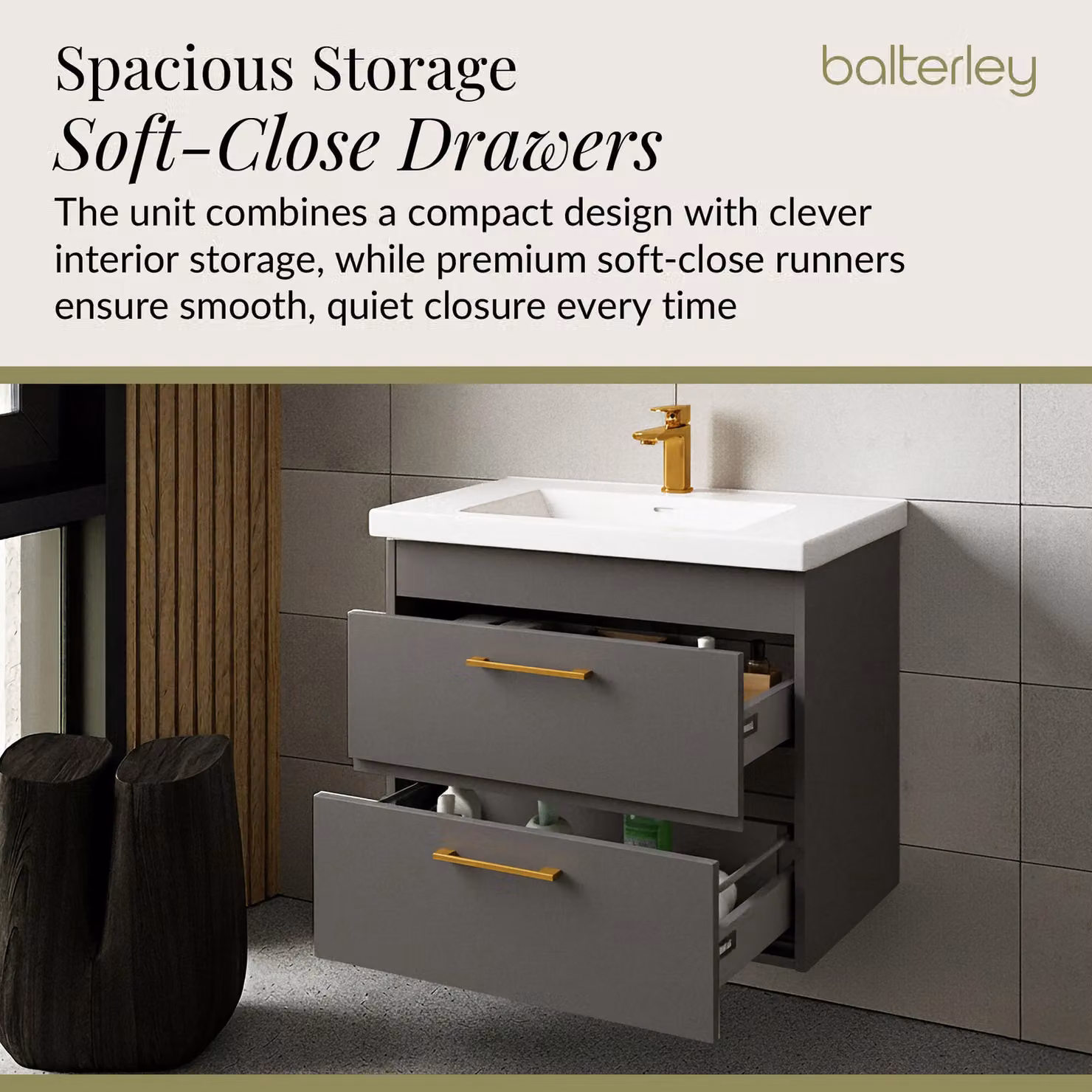 Balterley Modern Glossy Wall Hung Bathroom Vanity Basin Unit in Grey, Width: 60 cm – 3
