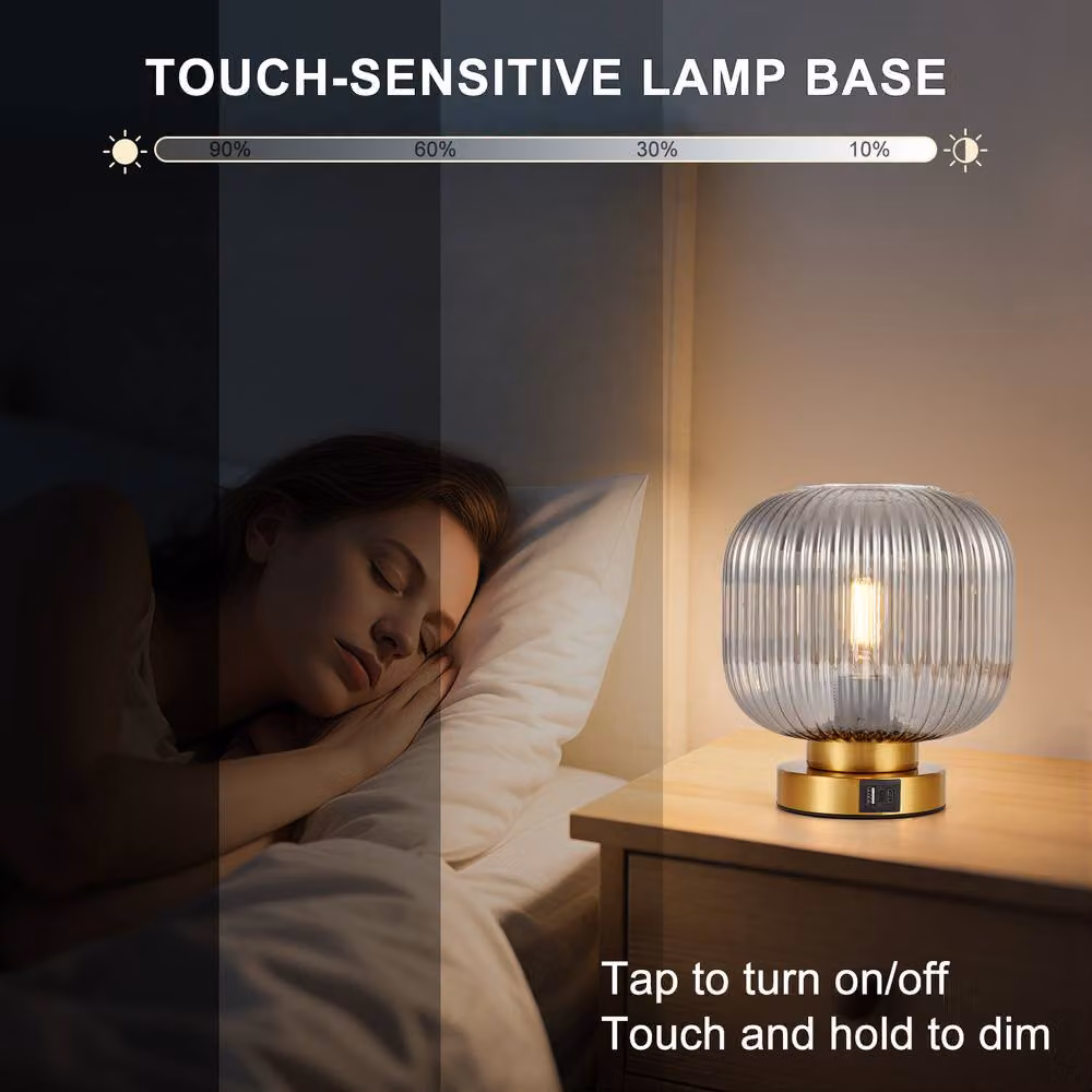 Harper Living Dimmable Touch Control Table Lamp with Smoked Grey Glass Shade and Gold Brass Base, E27 Socket – 2