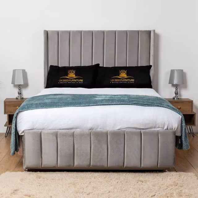 UK Bed Furniture Arizona Grey Velvet Wingback Divan Bed Base with 54 Inch Headboard, W/D/H: 140 x 200 cm
