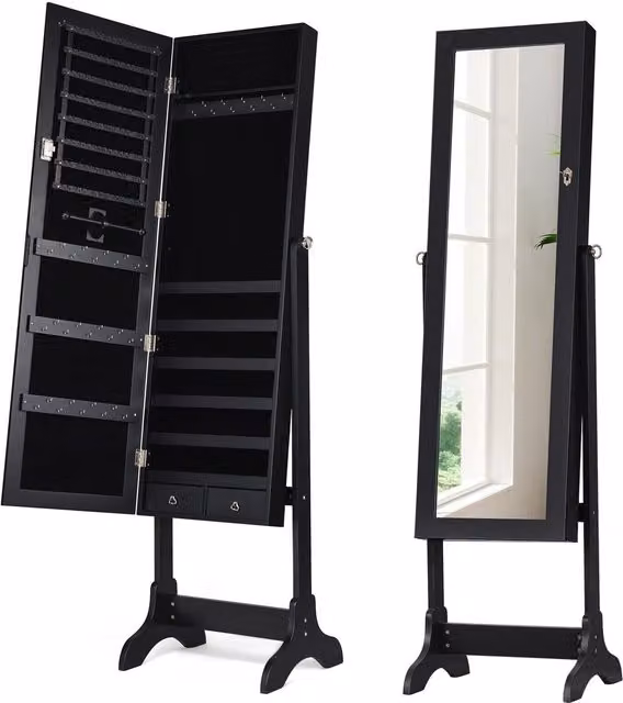 COSTWAY Modern Lockable Jewellery Armoire with Mirror and Hinged Glass Doors, Black