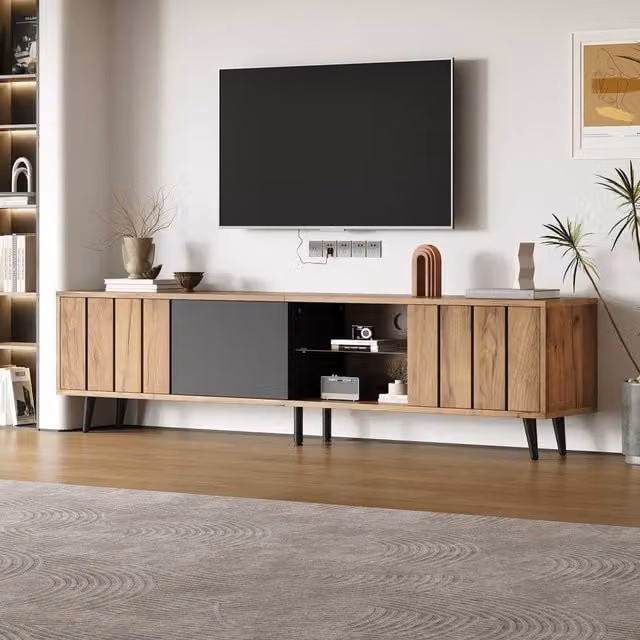 BTM Modern TV Stand Cabinet with Glass and Wood Storage Shelves and Doors in Brown or Black, W/D/H: 175.0 x 45.0 x 31.5 cm – 1