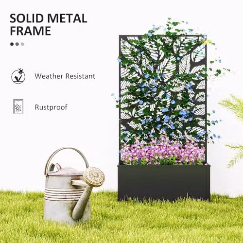 Outsunny Metal Garden Raised Bed with Privacy Screen and Trellis, Black – 5