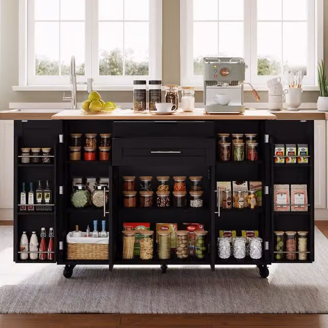 Aosom UK Modern Kitchen Trolley with Fold-Out Worktop and Double-Door Cabinets, Black and Natural, W: 70 cm, D: 70 cm, H: 92 cm