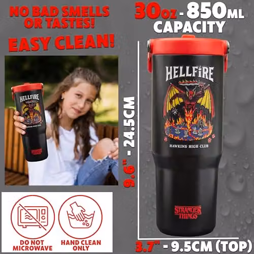 Get Trend Stranger Things Hellfire Insulated Metal Tumbler with Straw and Handle, Black/Red, 850ml – 6