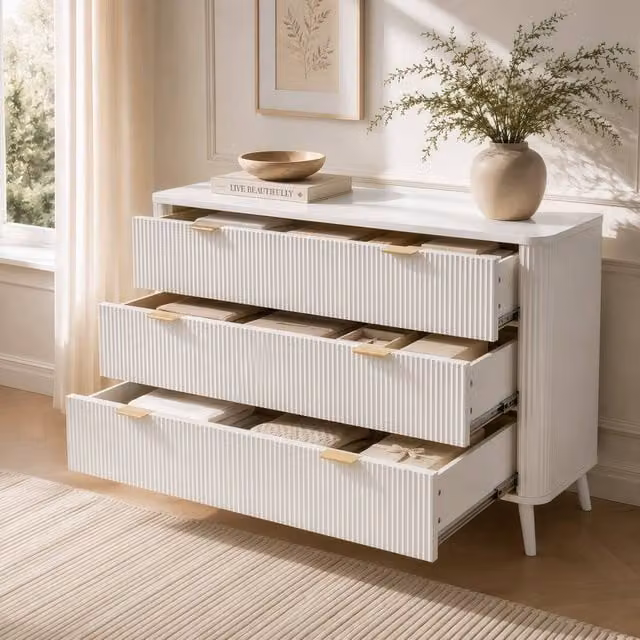 Merax 3 Drawer Chest of Drawers in Cream with Gold Tone Handles and Solid Wood Legs