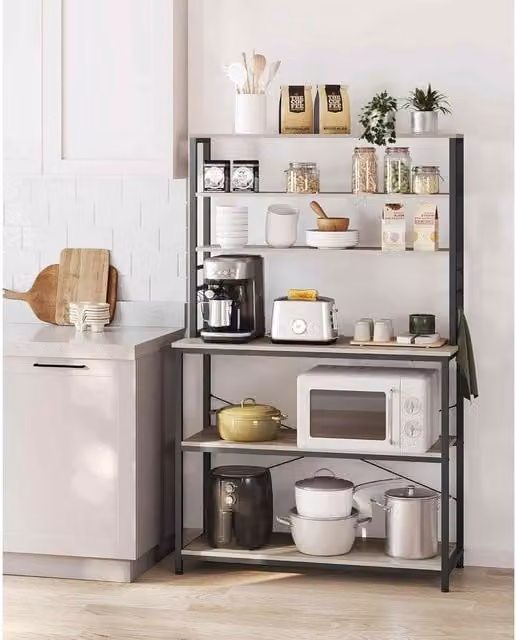 The Bazaarist Kitchen Bakers Rack and Coffee Bar with 6 Adjustable Shelves and 6 Hooks in Heather Greige and Ink Black