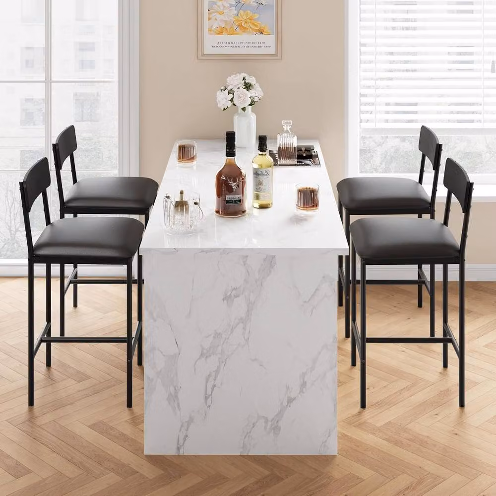 London Boutique Set of 4 Black Upholstered Counter Height Kitchen Bar Stools with Footrests – 4