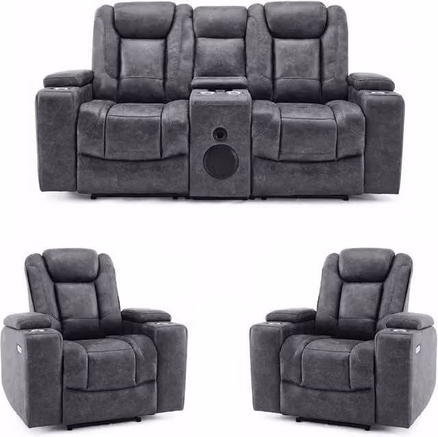Furnishings For Less UK Juniper Grey Electric Recliner Sofa Set with 2 Seater, 2 Armchairs, USB Charging and Cup Holders