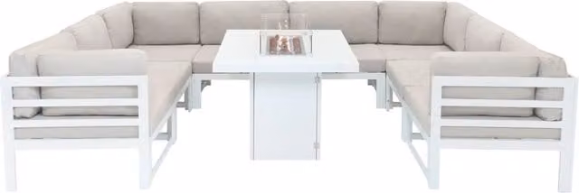Monstershop 9 Piece Modular U-Shape Garden Furniture Set with Gas Fire Pit and Cushions, White Aluminium