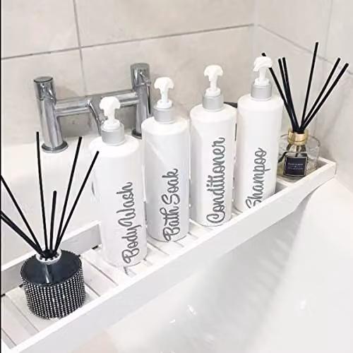 Almineez Luxury Bamboo Wood Bath Tub Caddy Tray, Water Resistant Bathroom Organiser in White