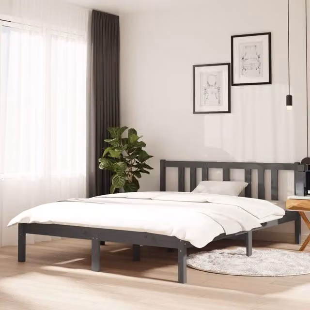 Berkfield Home Grey Solid Pine Wood Double Bed Frame W: 135 cm, L: 190 cm