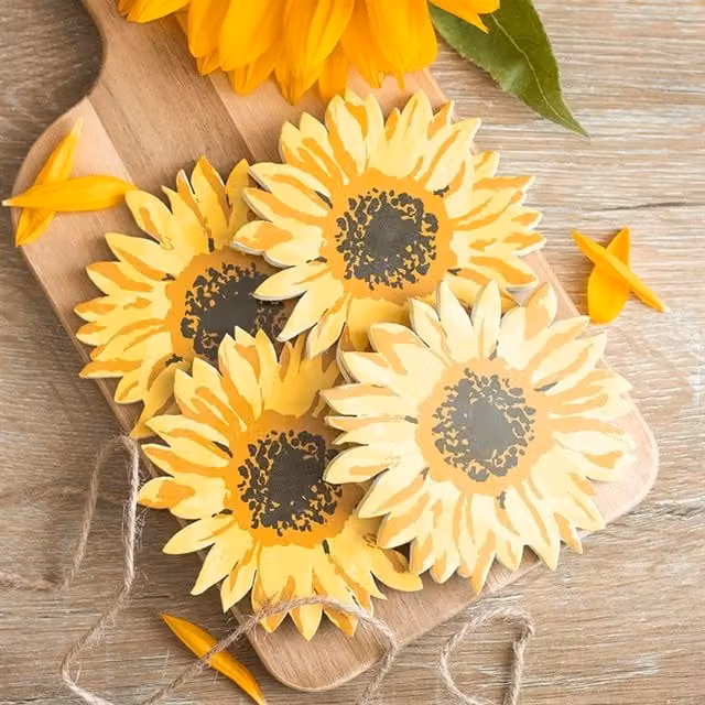 KDMK Floral Wood Coaster Set in Yellow