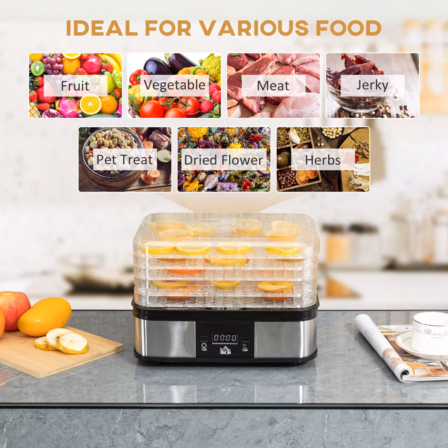 HOMCOM 5 Tier Food Dehydrator, 245W Stainless Steel Food Dryer Machine with Adjustable Temperature, Timer and LCD Display, Silver – 4
