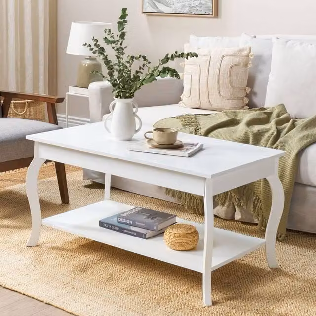 Wyld and Coco White Modern Rectangular Coffee Table with Shelf, W: 101 cm, D: 55 cm, H: 50 cm – 1