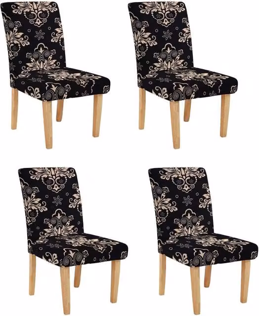 Roseley Black Floral Stretch Elastic Dining Chair Covers, Pack of 4