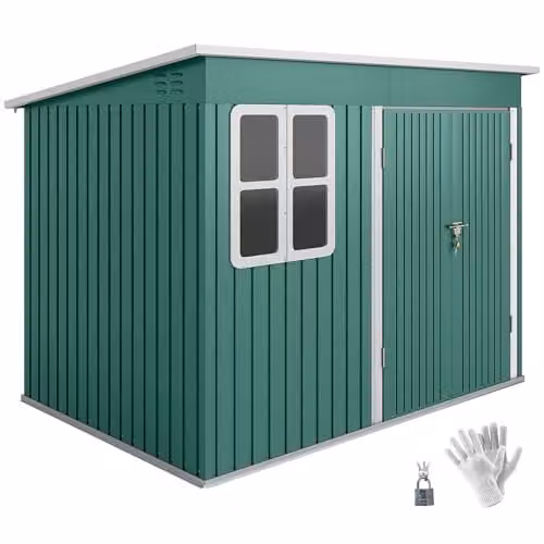 Outsunny Green Galvanised Steel Pent Garden Storage Shed with Window and Foundation Kit W: 260 cm, D: 190 cm, H: 177 cm – 1