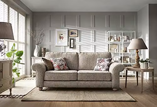 Abakus Direct Ingrid 3 Seater Sofa in Beige Braided Chenille Fabric, W/D/H: 215 x 95 x 90 cm