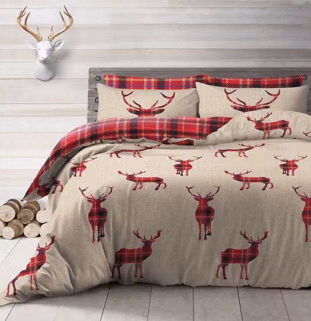Velosso Stag Reversible Cotton Rich Printed Duvet Cover and Pillowcase Set in Beige, W/D/H: 200 x 200 cm and 50 x 75 cm
