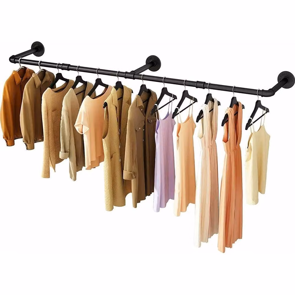 NESTLUNE Industrial Pipe Wall-mounted Clothes Rail Rack in Matt Black, Width: 184 cm – 3
