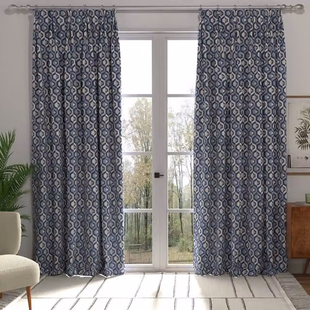 Gusta Made to Measure Blackout Fabric Panel Curtain in Blue with Graphic Design