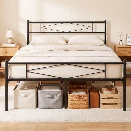 HOMCOM Industrial Metal Double Bed Frame with Headboard and Footboard, Black, W/D/H: 140 x 200 x 88.5 cm