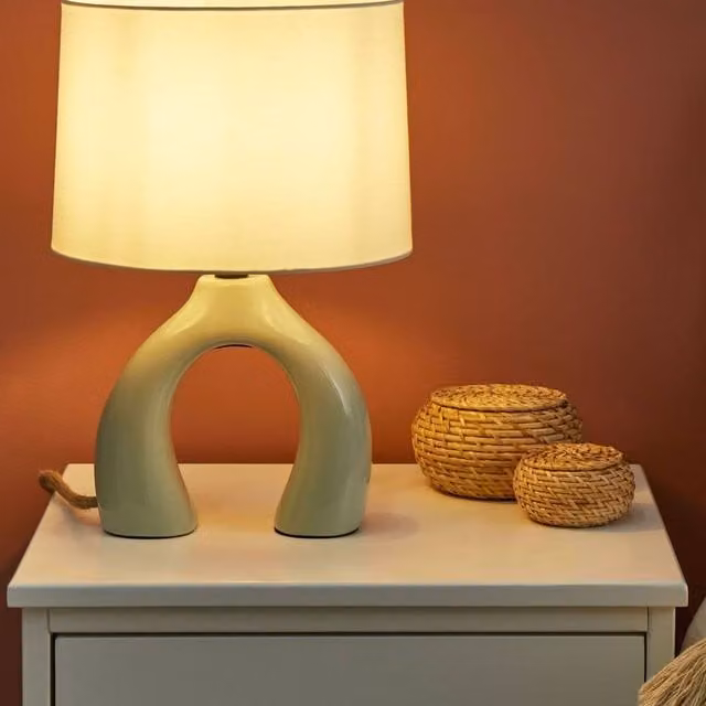 Wyld and Coco Green Ceramic Drum Table Lamp with Fabric Shade – 1