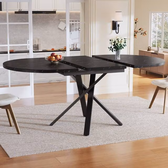 Matteo Round Extendable Dining Table with Butterfly Leaf and Black Metal X-Frame Base