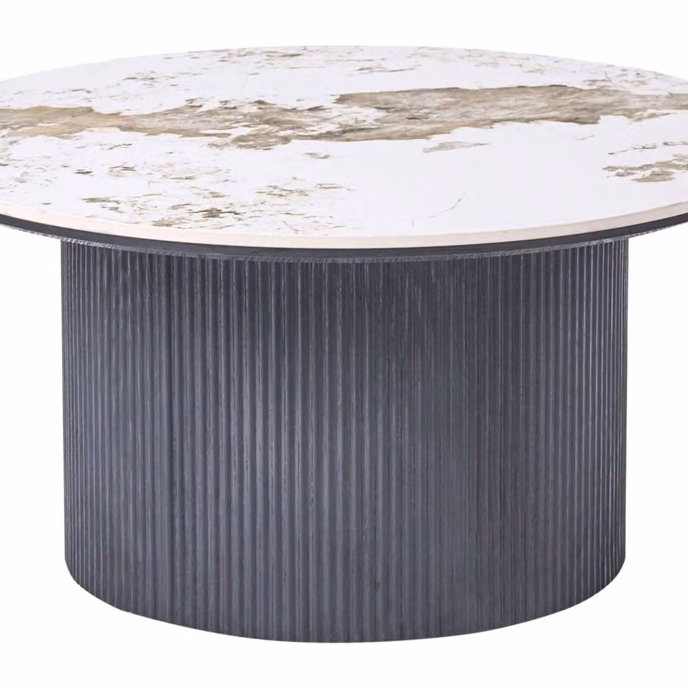 Wyld and Coco Round Ceramic Coffee Table with White Marble Top and Black Ribbed Wood Base, Diameter: 80 cm, Height: 40 cm – 2