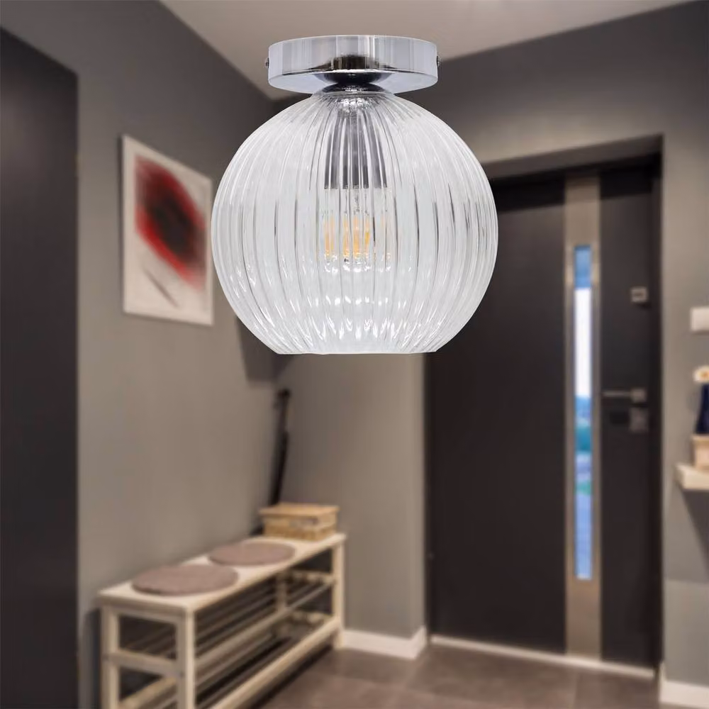 First Choice Lighting Betchley Set of 2 Chrome Ceiling Lights with Transparent Ribbed Glass Globes – 2