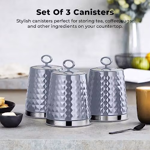 Tower Solitaire Set of 3 Airtight Grey Metal Storage Canisters – 3